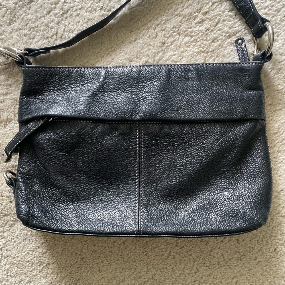 Tignanello Black Leather Travel Crossbody Bag with Compartments Adjustable Strap